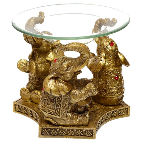 Lucky Elephant Gold Oil and Wax Burner with Glass Dish