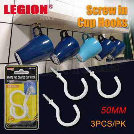 White PVC Coated Cup Hook 50mm 3pk