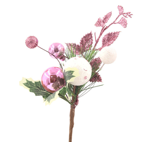 Pink Holly Pick w/Baubles 25cm