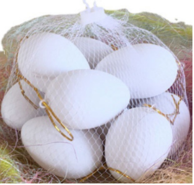 10pk 6cm white egg ornaments,  mesh bag