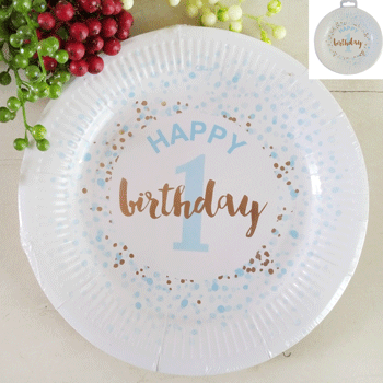 1st Birthday Paper Plates Blue and Gold 23cm