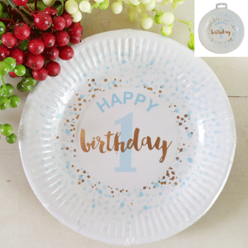 1st Birthday Paper Plates Blue and Gold 18cm
